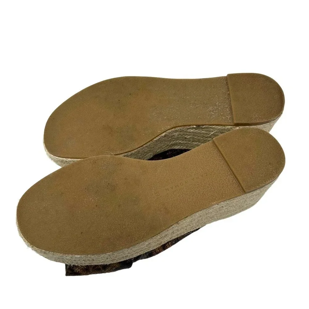 Zara Brown Snakeskin Jute Espadrille Platform Slide Sandals Size 39 /‎ US 8.5